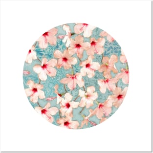 Shabby Chic Hibiscus Patchwork Pattern in Pink & Blue Posters and Art